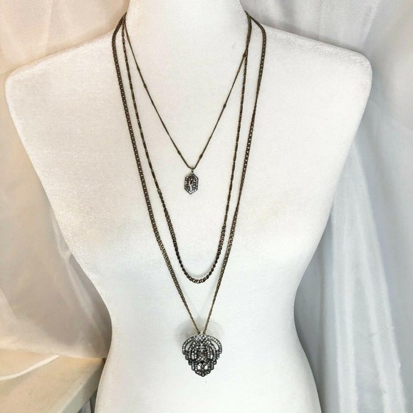 Chloe + Isabel 3 Part Convertible Necklace Crystals Brass Leaf EUC - Picture 2 of 10